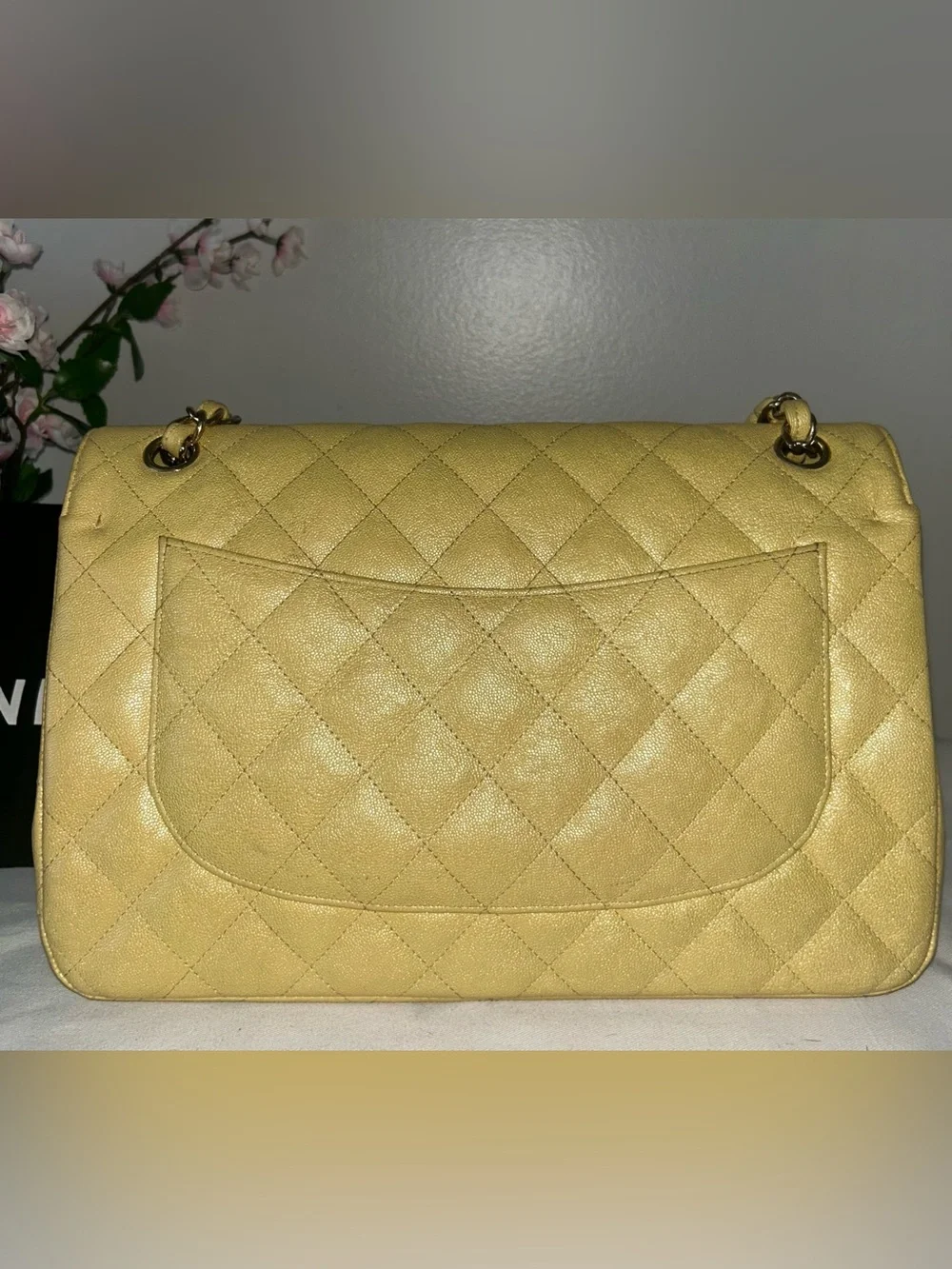 CHANEL 19S Jumbo Double Flap Quilted Caviar Handbag Iridescent Yellow / LGHW